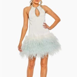NWT MAC DUGGAL Feather-Trim Halterneck Dress
